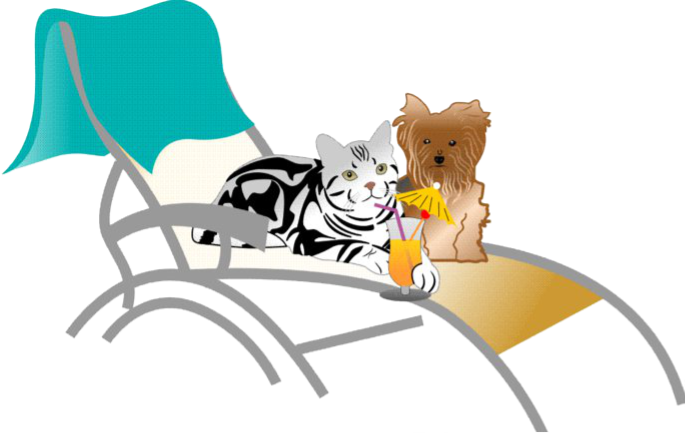 Coco & Boo company logo art depicting Coco-the-cat, snuggling with her buddy, Boo-the-dog, on a lawn-chair.